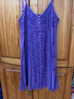 Purple Embroidered Button-Front Slip Dress